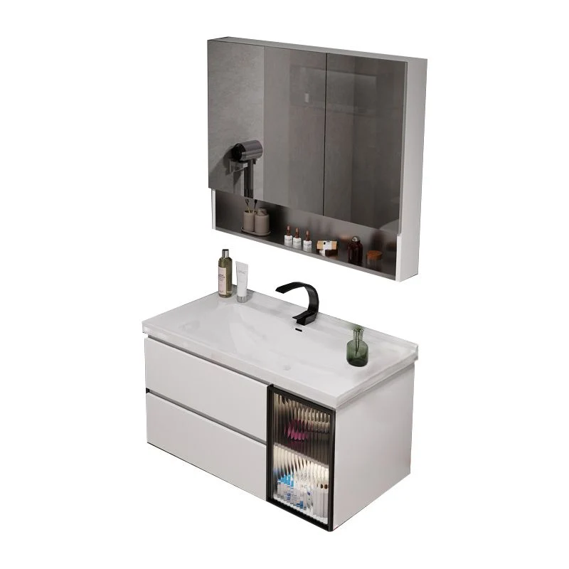 Tocador con 2 cajones, marco de metal blanco, montaje en pared, espejo rectangular, tocador con lavabo individual Clearhalo