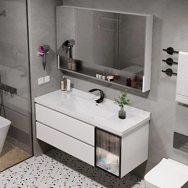 Tocador con 2 cajones, marco de metal blanco, montaje en pared, espejo rectangular, tocador con lavabo individual Clearhalo