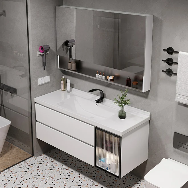 Tocador con 2 cajones, marco de metal blanco, montaje en pared, espejo rectangular, tocador con lavabo individual Clearhalo