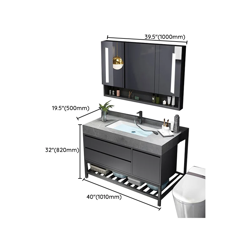 Tocador con espejo, marco de madera gris, Glam, 2 cajones, lavabo individual, tocador rectangular con grifo Clearhalo