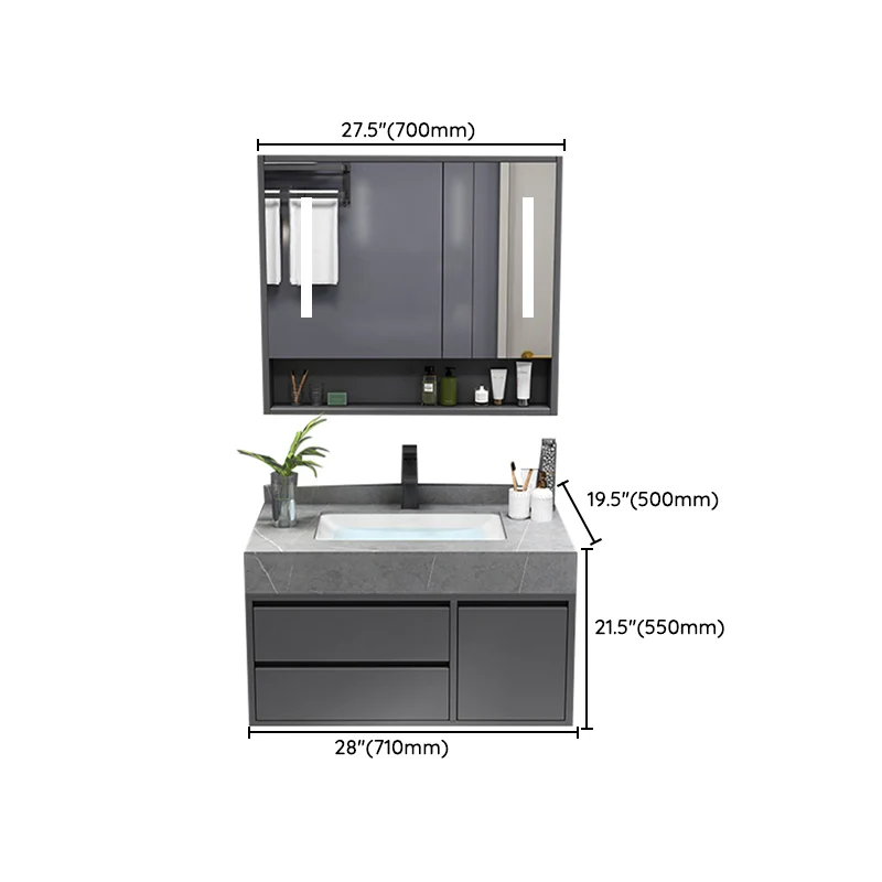 Tocador con espejo, marco de madera gris, Glam, 2 cajones, lavabo individual, tocador rectangular con grifo Clearhalo