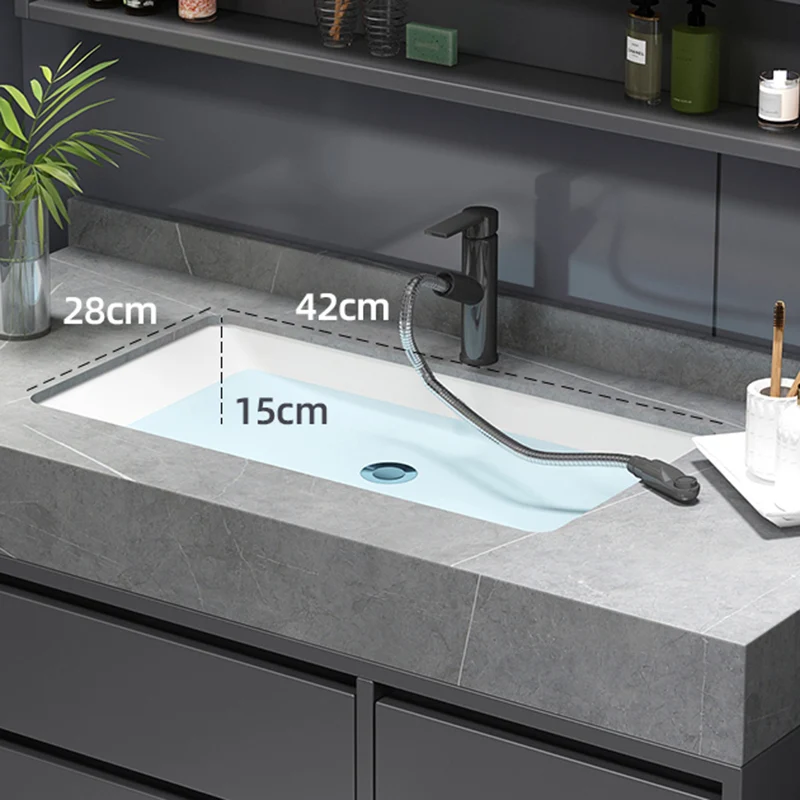 Tocador con espejo, marco de madera gris, Glam, 2 cajones, lavabo individual, tocador rectangular con grifo Clearhalo