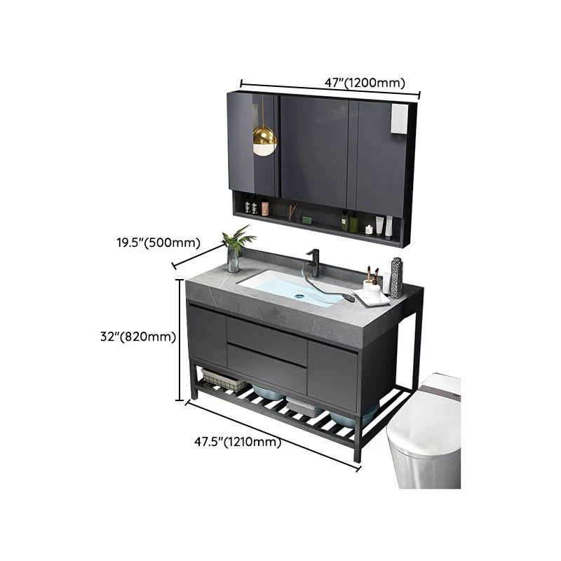 Tocador con espejo, marco de madera gris, Glam, 2 cajones, lavabo individual, tocador rectangular con grifo Clearhalo