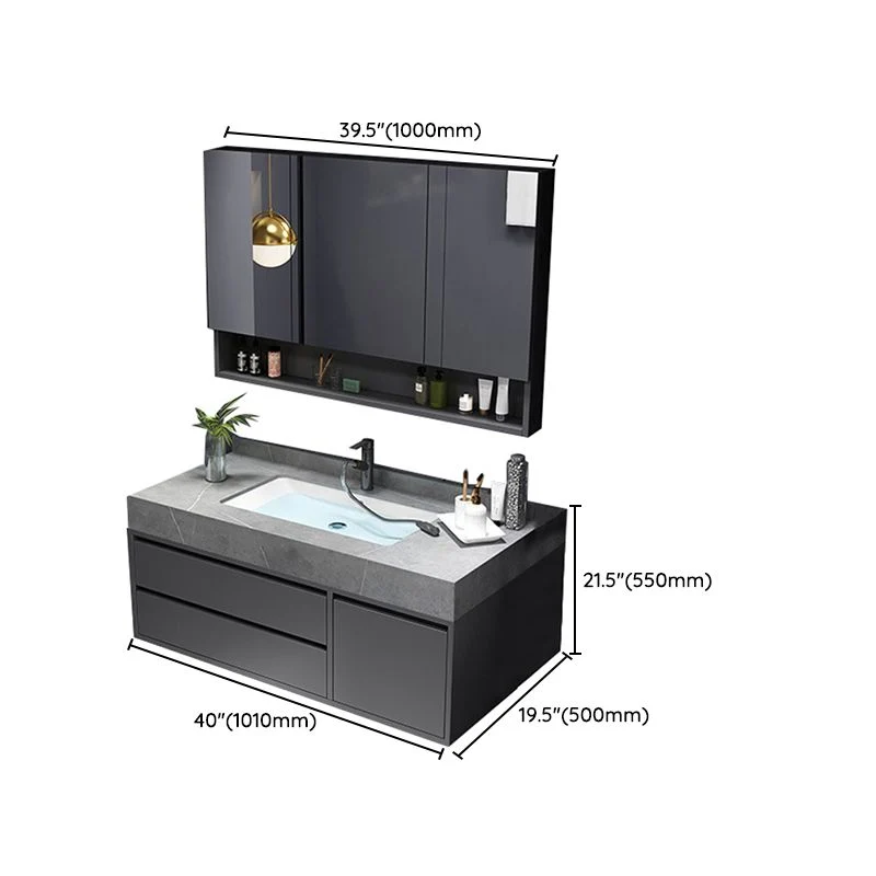 Tocador con espejo, marco de madera gris, Glam, 2 cajones, lavabo individual, tocador rectangular con grifo Clearhalo