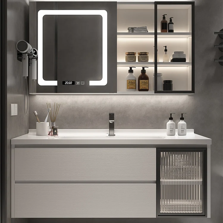 Tocador con lavabo Glam de madera, lavabo de baño independiente con espejo Clearhalo