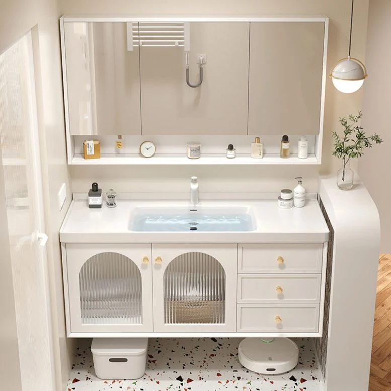 Tocador con lavabo Glam, tocador de baño con encimera de cerámica rectangular blanco individual Clearhalo