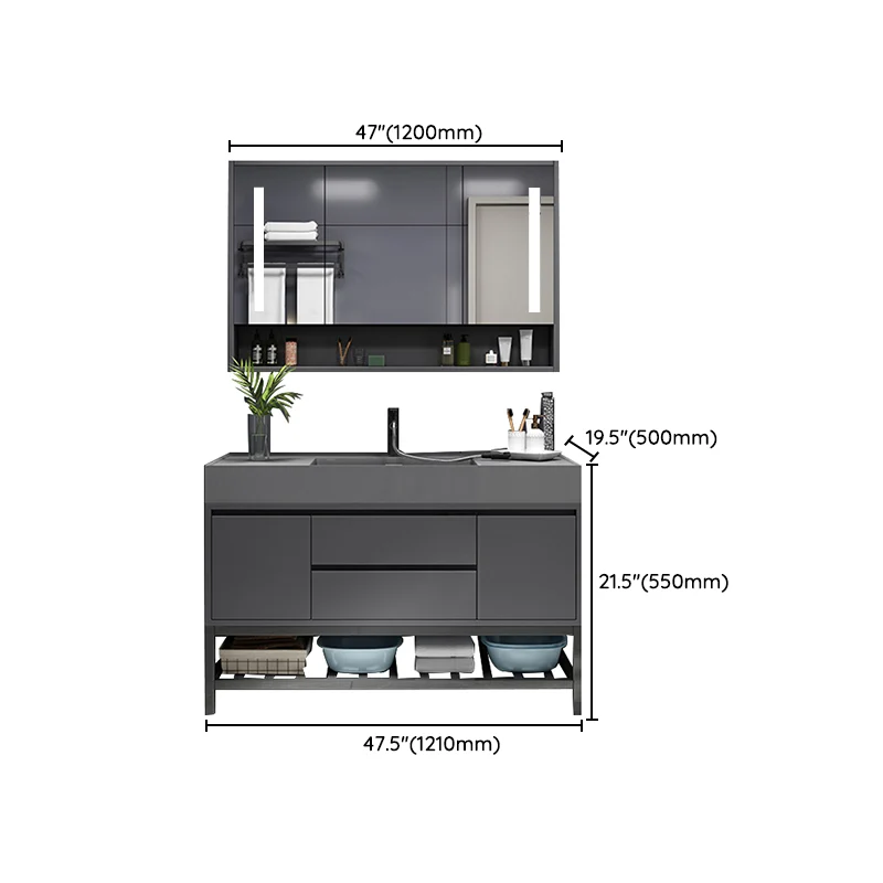 Tocador con lavabo individual gris, marco de madera, espejo, grifo Glam rectangular, tocador con 2 cajones Clearhalo