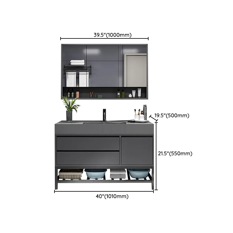 Tocador con lavabo individual gris, marco de madera, espejo, grifo Glam rectangular, tocador con 2 cajones Clearhalo