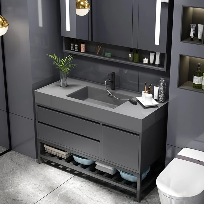 Tocador con lavabo individual gris, marco de madera, espejo, grifo Glam rectangular, tocador con 2 cajones Clearhalo