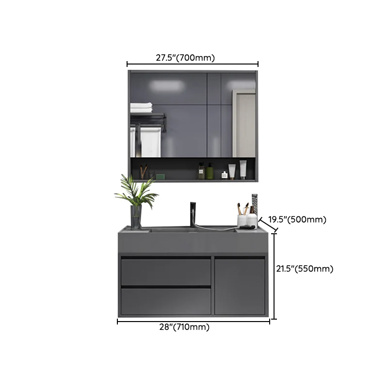 Tocador con lavabo individual gris, marco de madera, espejo, grifo Glam rectangular, tocador con 2 cajones Clearhalo