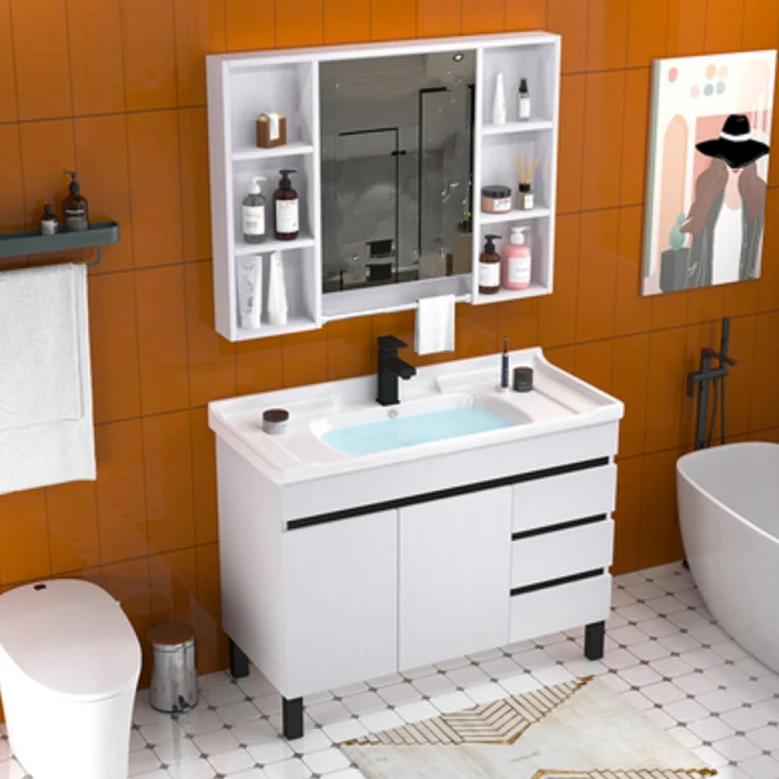 Tocador con lavabo moderno, tocador de baño con lavabo individual ovalado con tapa de cerámica blanca Clearhalo