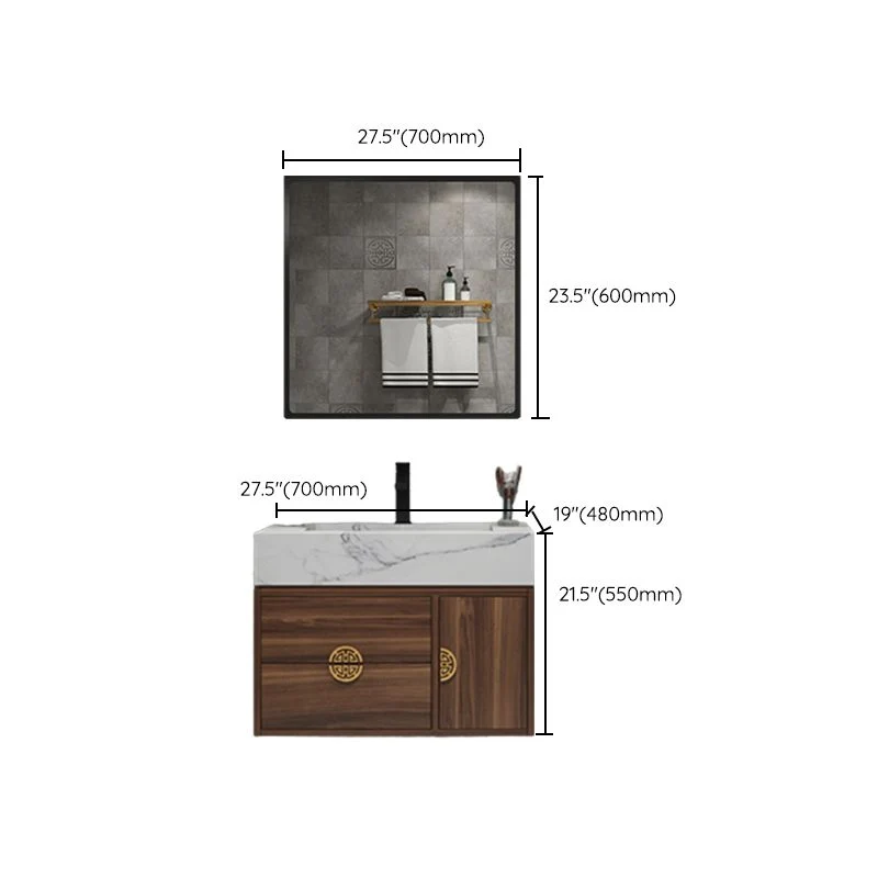 Tocador con marco de madera, 2 cajones, montaje en pared, lavabo individual, tocador de baño rectangular con espejo Clearhalo