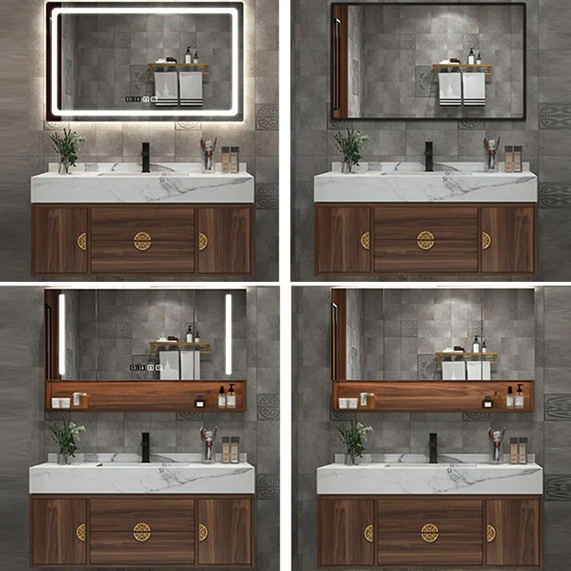 Tocador con marco de madera, 2 cajones, montaje en pared, lavabo individual, tocador de baño rectangular con espejo Clearhalo