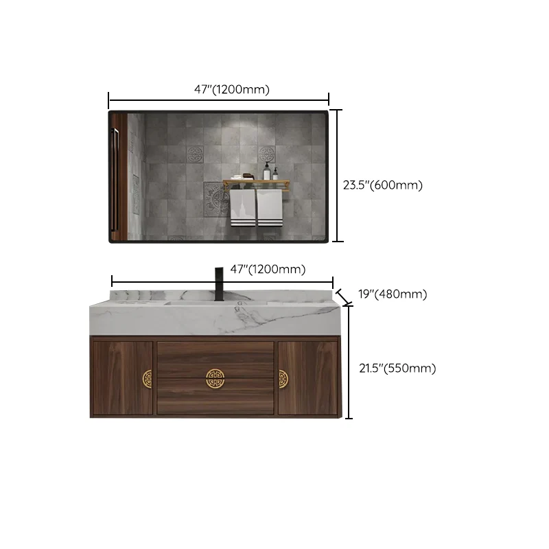 Tocador con marco de madera, 2 cajones, montaje en pared, lavabo individual, tocador de baño rectangular con espejo Clearhalo