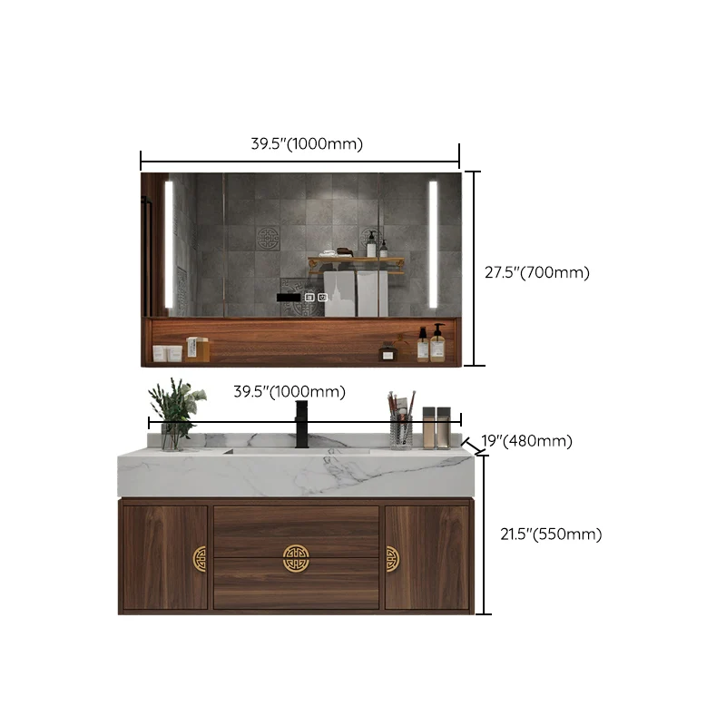 Tocador con marco de madera, 2 cajones, montaje en pared, lavabo individual, tocador de baño rectangular con espejo Clearhalo