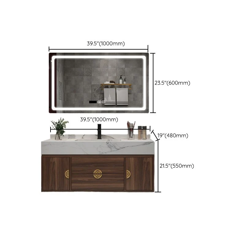 Tocador con marco de madera, 2 cajones, montaje en pared, lavabo individual, tocador de baño rectangular con espejo Clearhalo