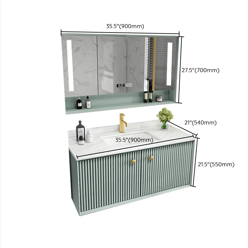 Tocador con marco de madera Glam Green, espejo para lavabo individual, tocador de baño montado en la pared con cajones Cle...