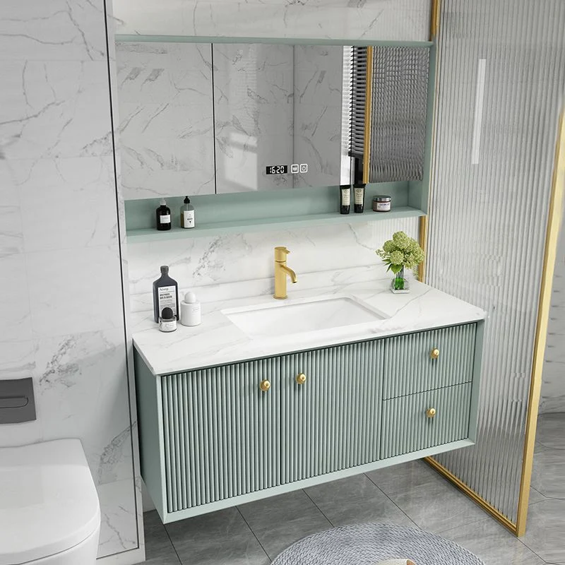 Tocador con marco de madera Glam Green, espejo para lavabo individual, tocador de baño montado en la pared con cajones Cle...