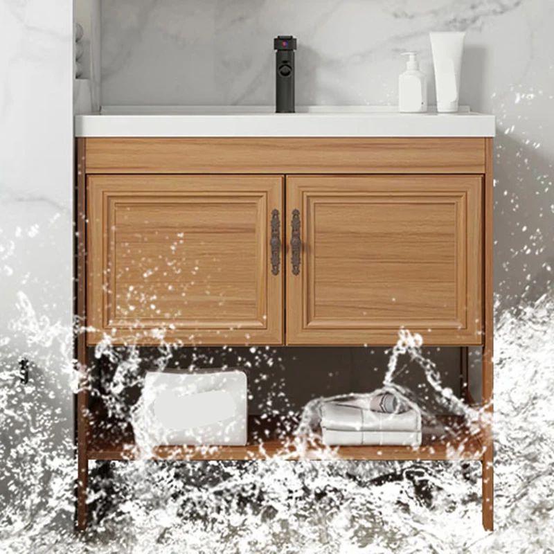 Tocador contemporáneo, lavabo, espejo de madera, mueble de baño, tocador ahorrador de espacio Clearhalo