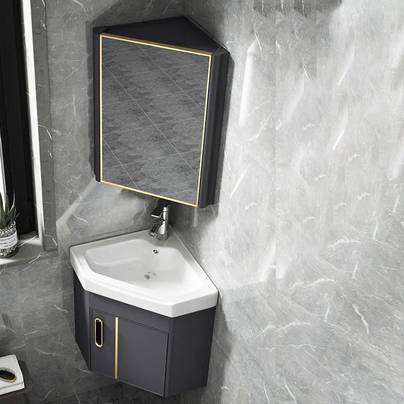 Tocador de esquina montado en la pared, espejo triangular para lavabo individual, tocador de baño con marco de metal y pue...