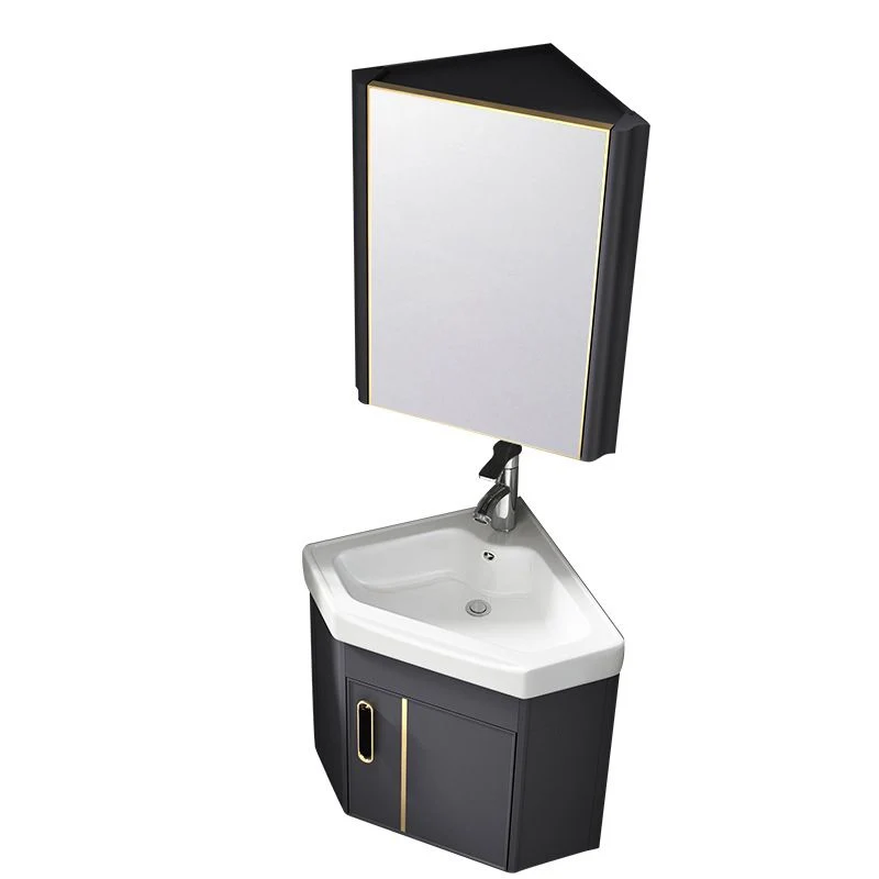 Tocador de esquina montado en la pared, espejo triangular para lavabo individual, tocador de baño con marco de metal y pue...