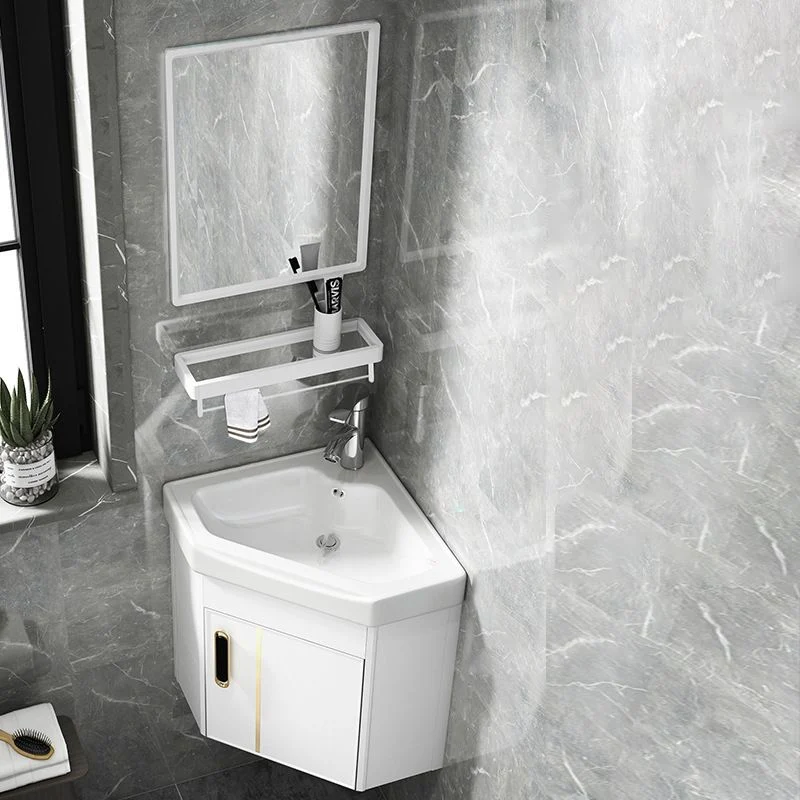 Tocador de esquina montado en la pared, espejo triangular para lavabo individual, tocador de baño con marco de metal y pue...