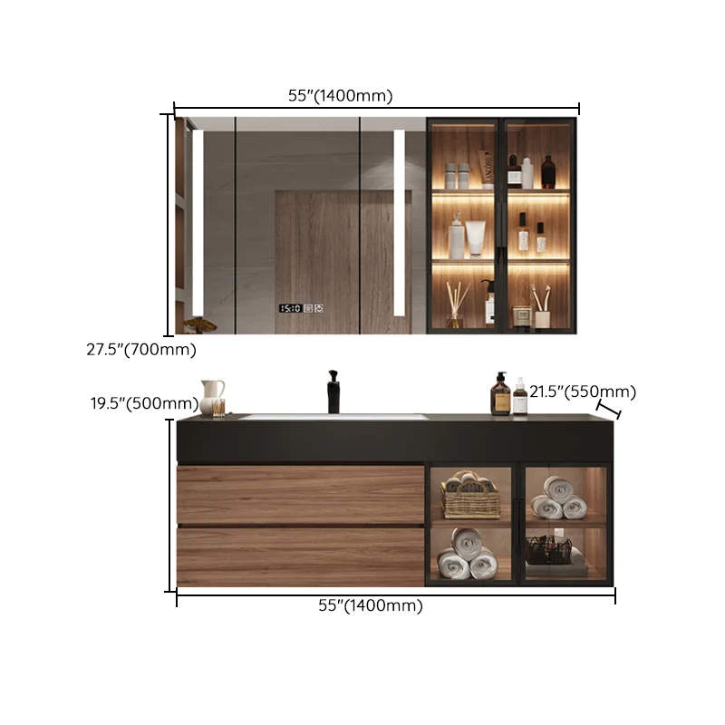 Tocador impermeable con cajones para lavabo individual, marco de madera, tocador de pared con espejo Clearhalo
