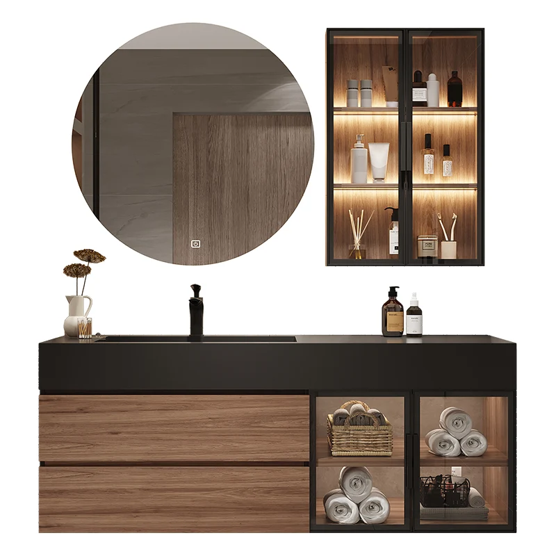 Tocador impermeable con cajones para lavabo individual, marco de madera, tocador de pared con espejo Clearhalo