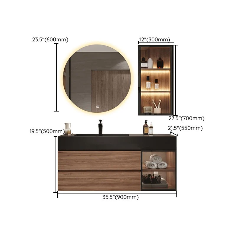 Tocador impermeable con cajones para lavabo individual, marco de madera, tocador de pared con espejo Clearhalo