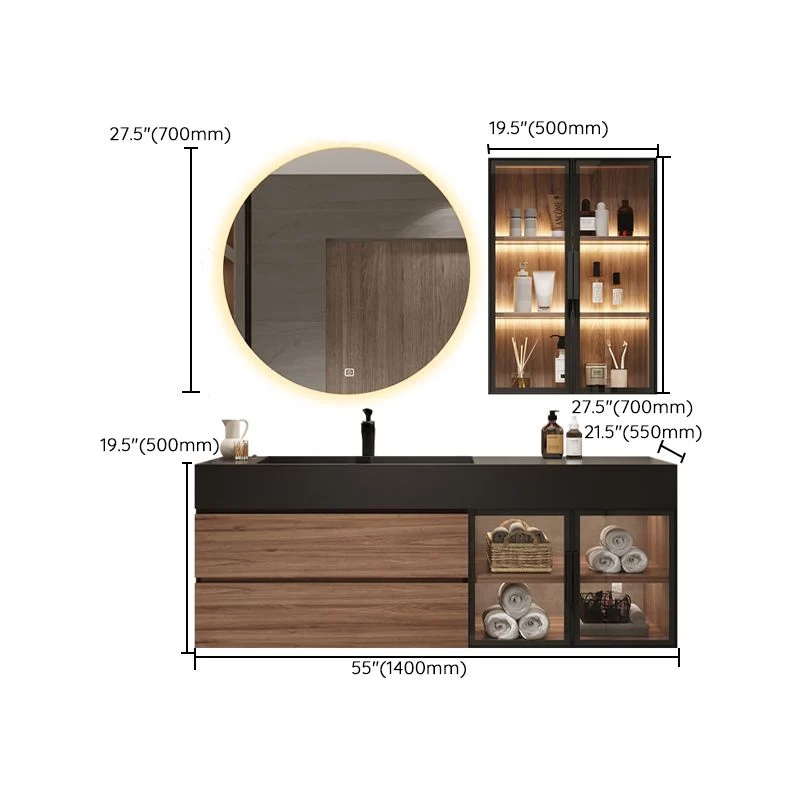 Tocador impermeable con cajones para lavabo individual, marco de madera, tocador de pared con espejo Clearhalo