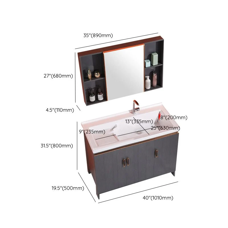 Tocador impermeable gris con lavabo individual, espejo independiente, tocador de baño rectangular con puertas Clearhalo
