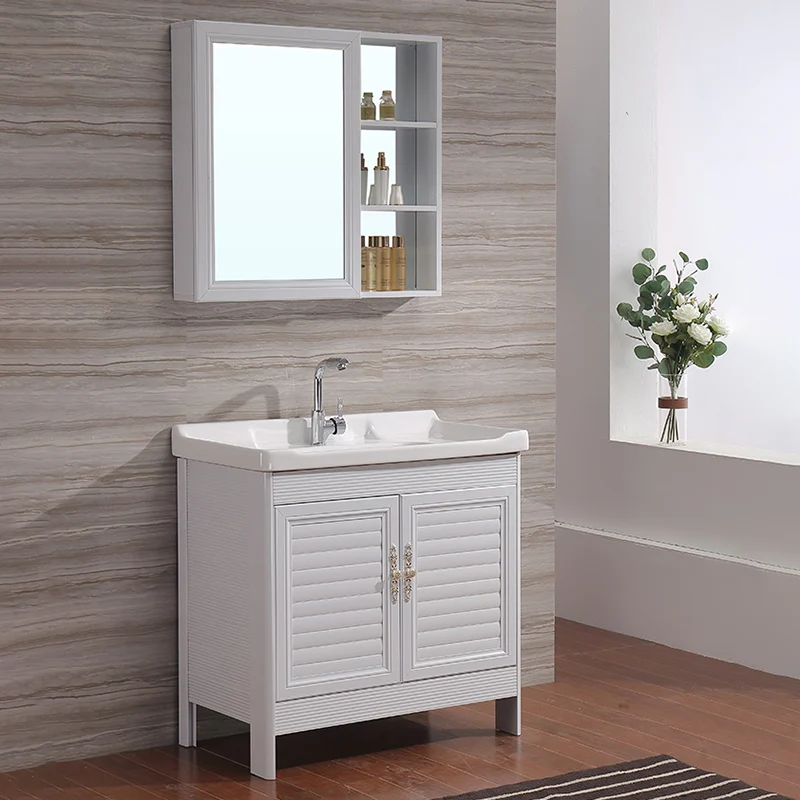 Tocador independiente blanco, rectangular, 2 puertas, marco de metal, espejo, lavabo individual Clearhalo