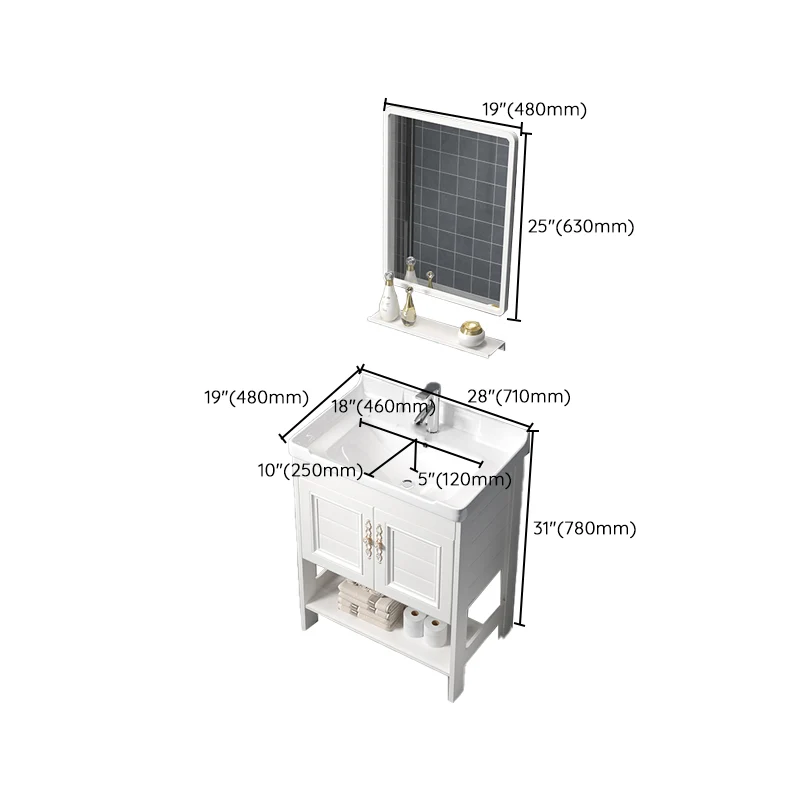 Tocador independiente con estantes blancos incluidos Tocador rectangular con lavabo individual y espejo Clearhalo