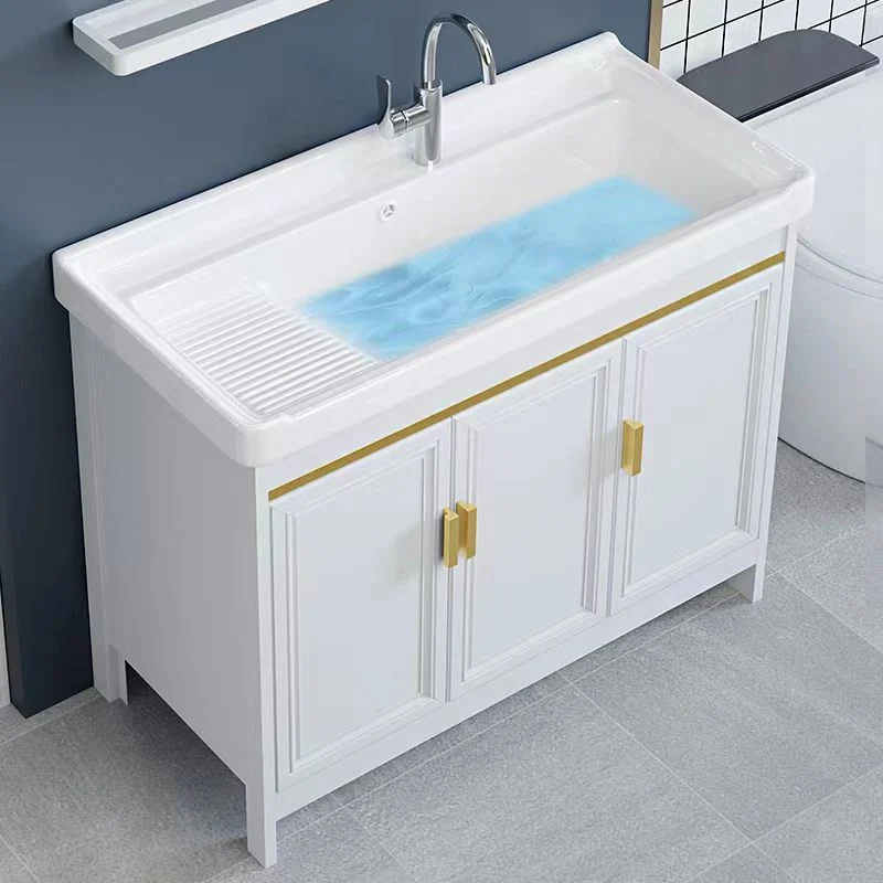 Tocador independiente con lavabo individual, marco de metal, espejo rectangular blanco, tocador con puertas Clearhalo