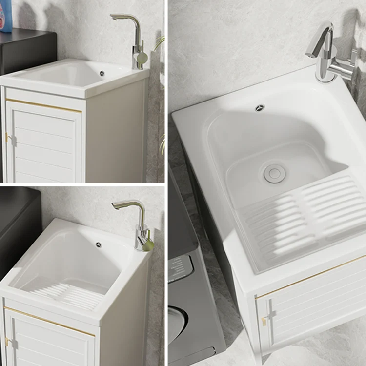 Tocador independiente Glam, lavabo individual, marco de metal, grifo rectangular, tocador con puerta Clearhalo