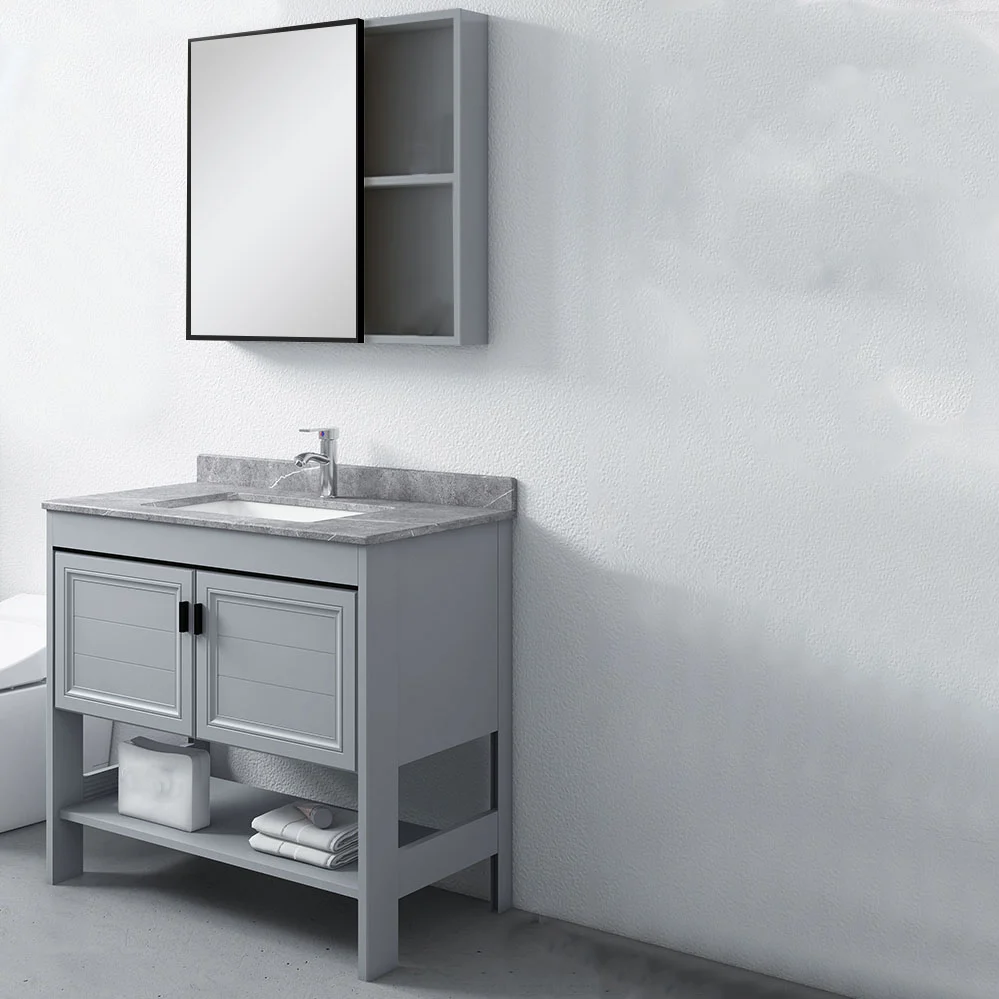 Tocador independiente gris con marco de metal Glam, estanterí para fregadero individual, tocador incluido Clearhalo