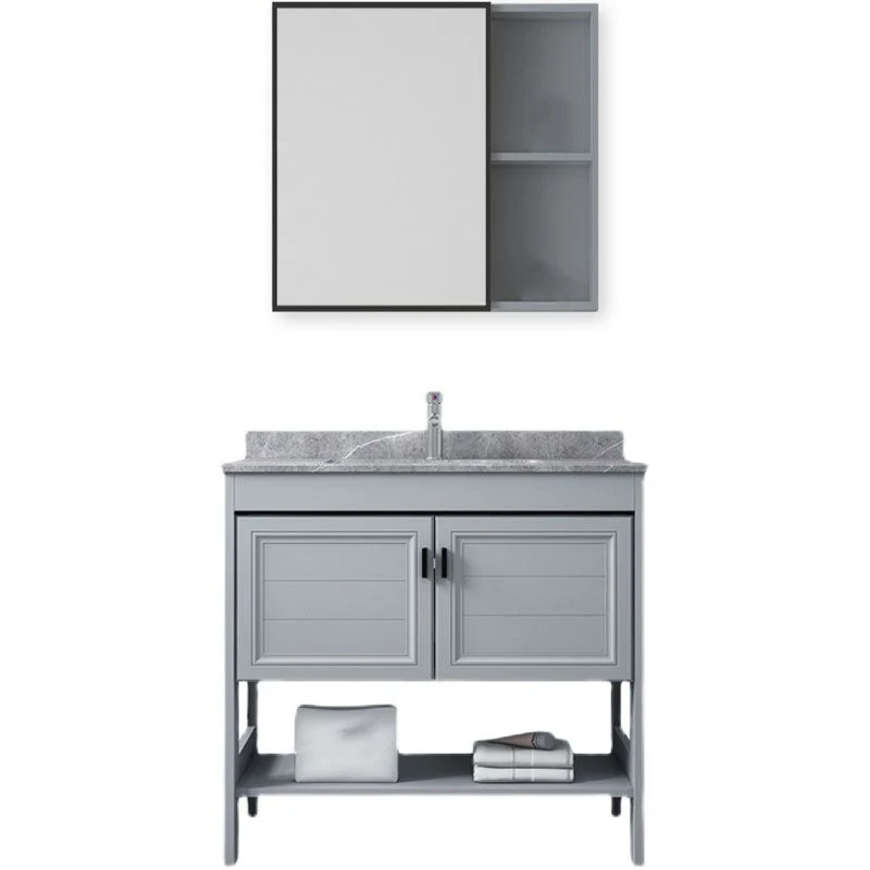 Tocador independiente gris con marco de metal Glam, estanterí para fregadero individual, tocador incluido Clearhalo