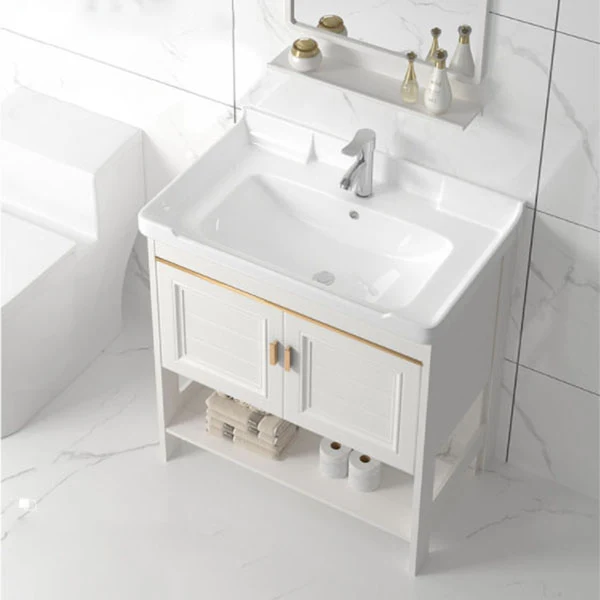 Tocador independiente de metal moderno con lavabo blanco con estante para lavabo para baño Clearhalo