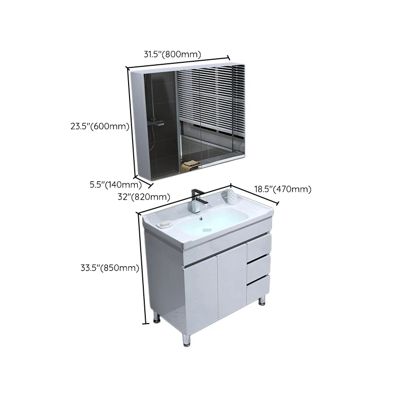 Tocador de lavabo de baño blanco independiente moderno con espejo de lavabo de grifo Clearhalo