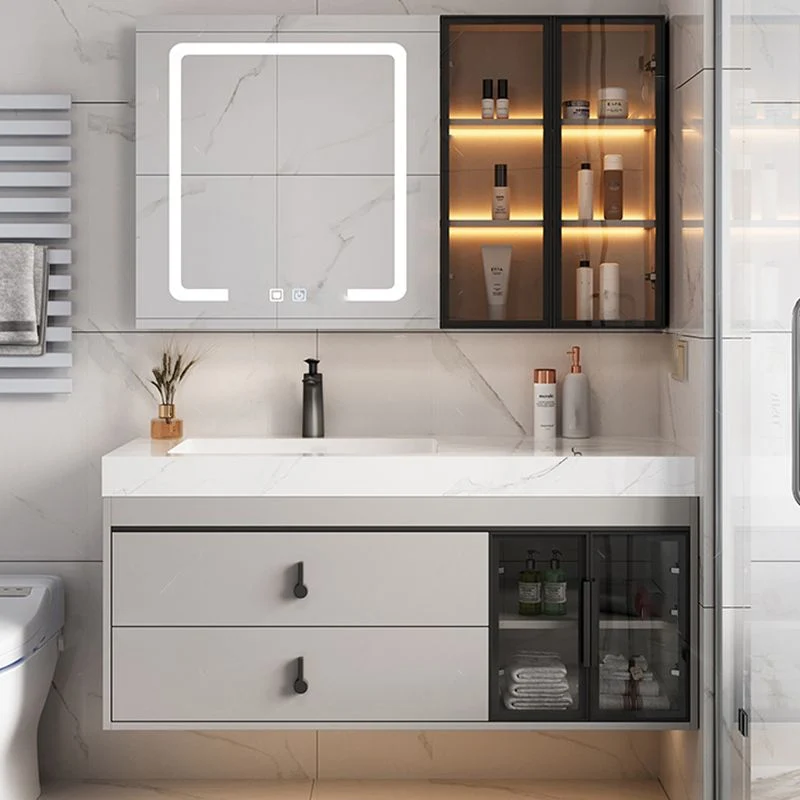 Tocador de lavabo de baño con espejo moderno de piedra incluido, grifo de lavabo con puertas Clearhalo