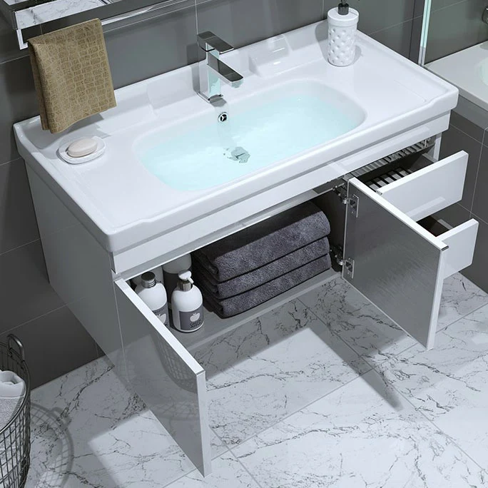 Tocador de lavabo de baño moderno blanco de montaje en pared con grifo de espejo Clearhalo