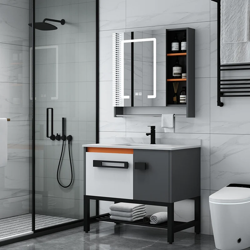 Tocador de lavabo de baño moderno, juego de tocador independiente con espejo Clearhalo