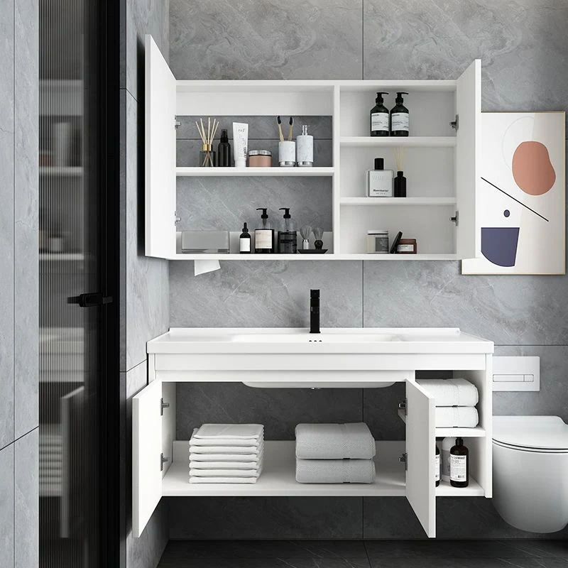 Tocador de lavabo de baño moderno de mediados de siglo, tocador de baño de montaje en pared con espejo Blanco Clearhalo