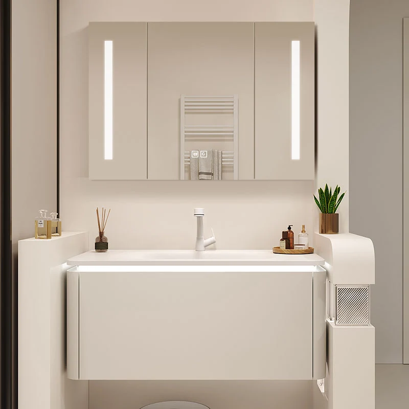 Tocador de lavabo de baño de montaje moderno de pared blanca de madera con espejo Clearhalo