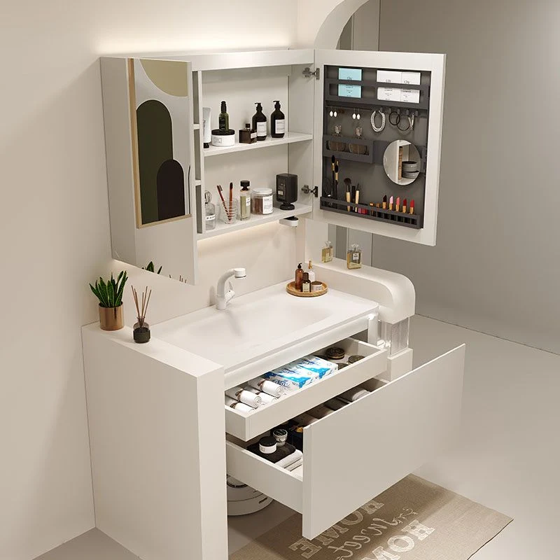 Tocador de lavabo de baño de montaje moderno de pared blanca de madera con espejo Clearhalo