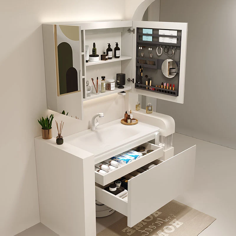 Tocador de lavabo de baño de montaje moderno de pared blanca de madera con espejo Clearhalo