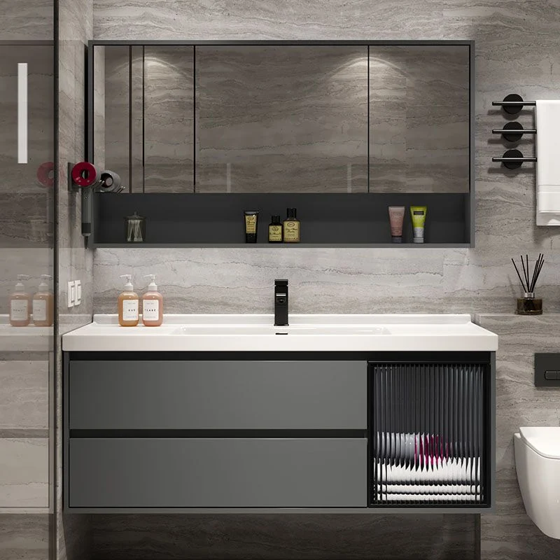 Tocador de lavabo de baño de montaje en pared gris de metal moderno con espejo Clearhalo