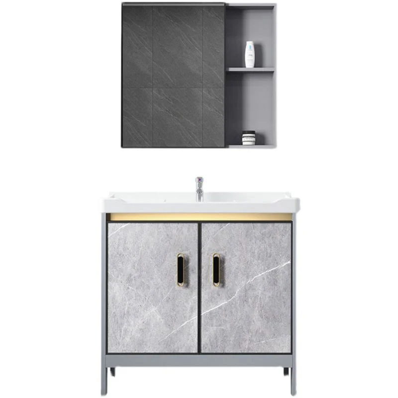 Tocador de lavabo independiente de metal, mueble de baño con espejo moderno, juego de tocador en gris Clearhalo