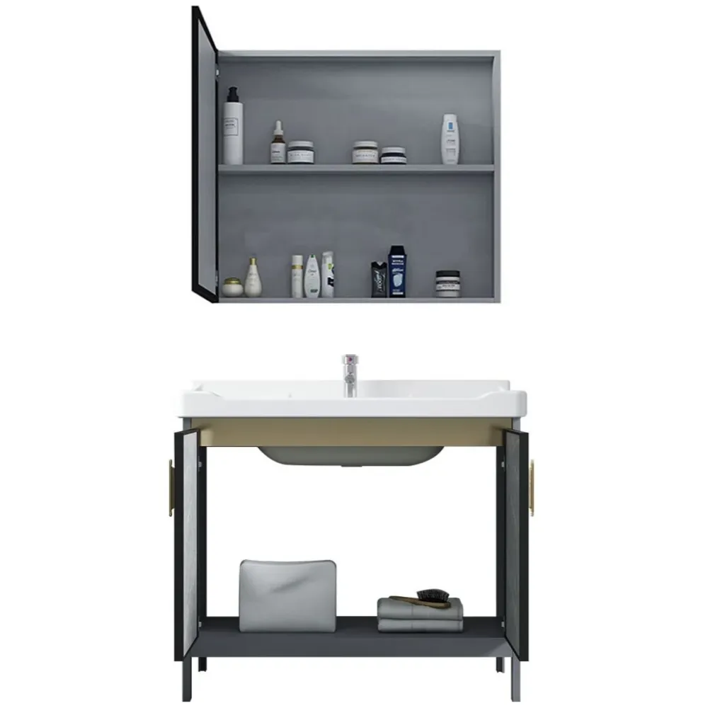 Tocador de lavabo independiente de metal, mueble de baño con espejo moderno, juego de tocador en gris Clearhalo