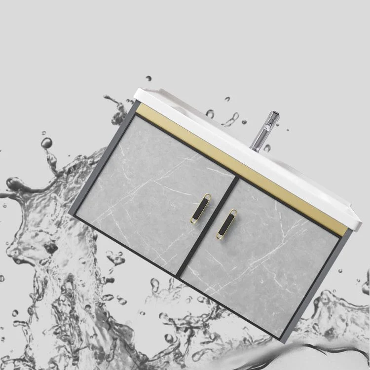 Tocador de lavabo individual, tocador de baño con espejo de montaje en pared moderno rectangular con 2 puertas Clearhalo